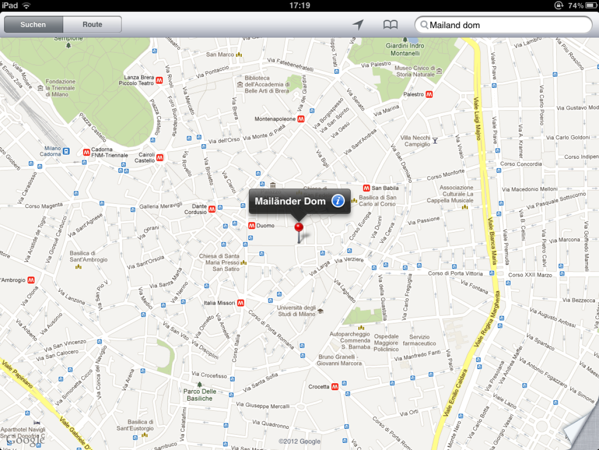 Screenshot von Google Maps mit dem Suchtreffer zu «Mailand Dom»