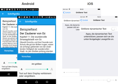 Dargestellt ist die System-Schriftgrössen-Verstellfunktion auf einem Android- und einem iOS-Smartphone. Beide erlauben, die Schrifgrösse in mehreren Stufen einzustellen und beide zeigen eine Vorschau des vergrösserten/verkleinerten Textes.